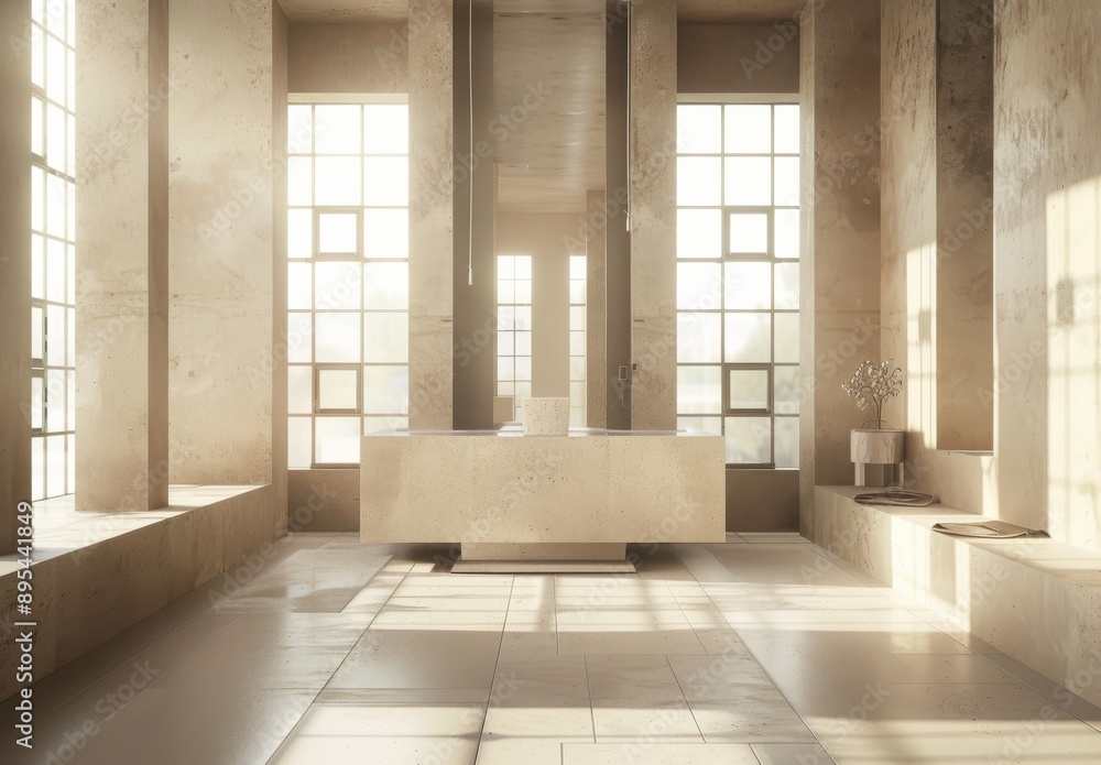 Interior of modern bathroom with concrete walls, tiled floor, comfortable bathtub and round mirror. Interior of modern bathroom with concrete walls, tiled floor, comfortable bathtub and round mirror.