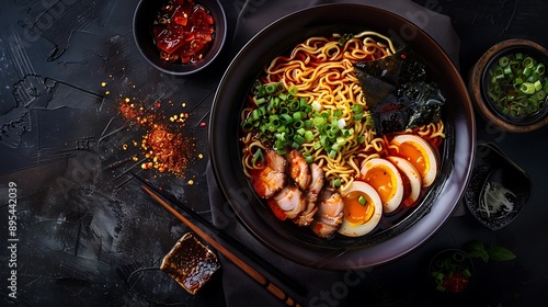 Spicy Ramen with Soft Boiled Eggs and Sesame Seeds photo