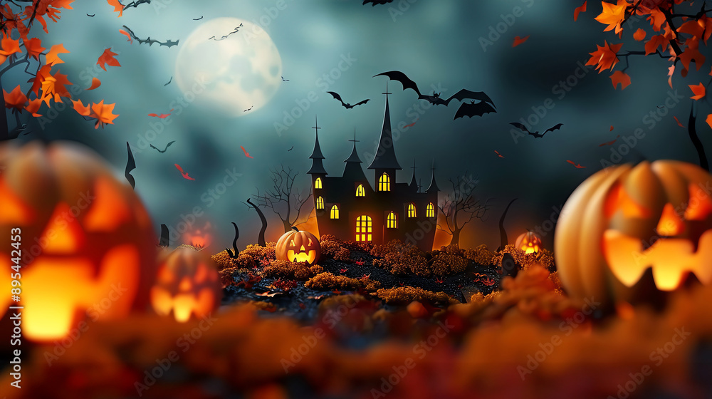 Spooky Halloween scene featuring a haunted castle, bats, and a full moon against an eerie orange sky. Spooky Halloween scene featuring a haunted castle, bats, and a full moon against an eerie orange sky.