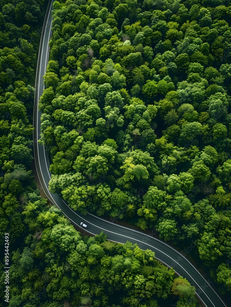 Lush Green Forest with Winding Road Aerial Drone View Capturing Serene Wilderness Landscape Lush Green Forest with Winding Road Aerial Drone View Capturing Serene Wilderness Landscape