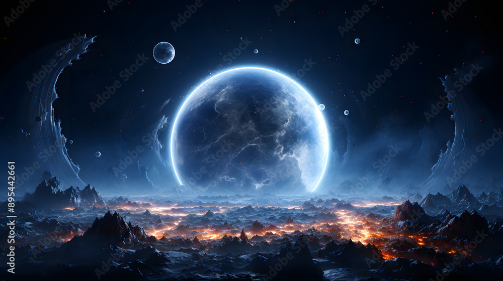 A large, glowing blue planet looms over a dark, volcanic landscape. Its light illuminates the rugged peaks and valleys below. The scene is otherworldly and breathtaking. A large, glowing blue planet looms over a dark, volcanic landscape. Its light illuminates the rugged peaks and valleys below. The scene is otherworldly and breathtaking.