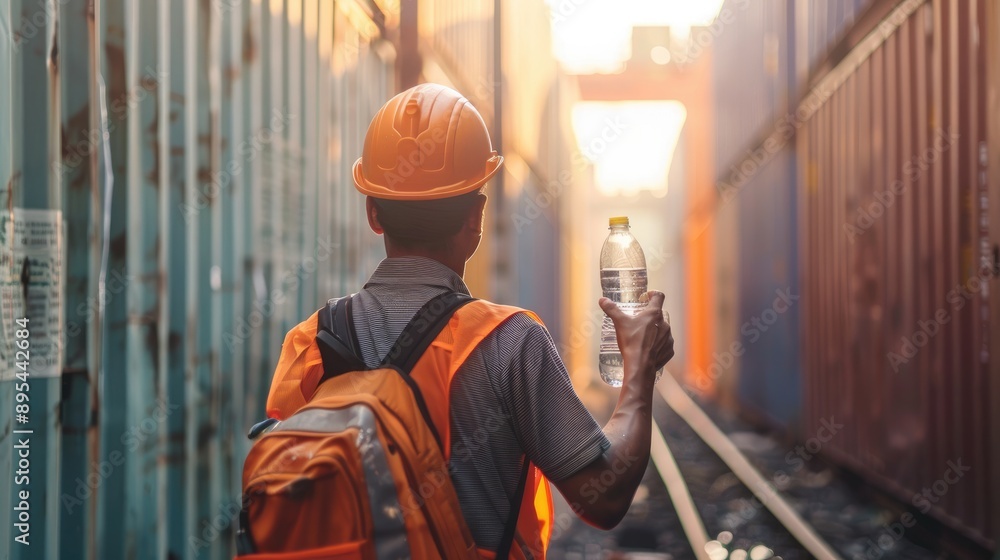 Concept of heat stroke , a worker holding a water bottle and feeling tired from work in containers warehouse storage, Generative AI Concept of heat stroke , a worker holding a water bottle and feeling tired from work in containers warehouse storage, Generative AI