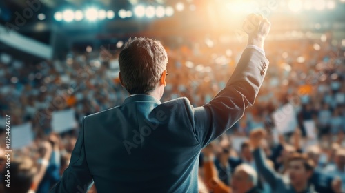 A charismatic politician delivers a rousing speech to a cheering crowd.