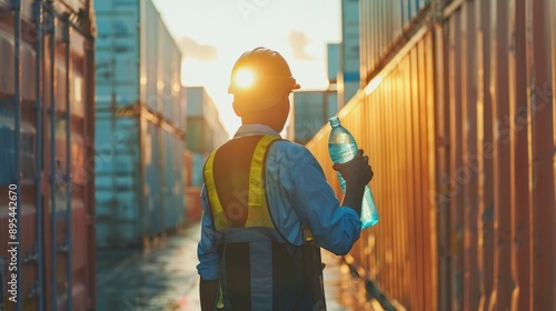 Concept of heat stroke , a worker holding a water bottle and feeling tired from work in containers warehouse storage, Generative AI