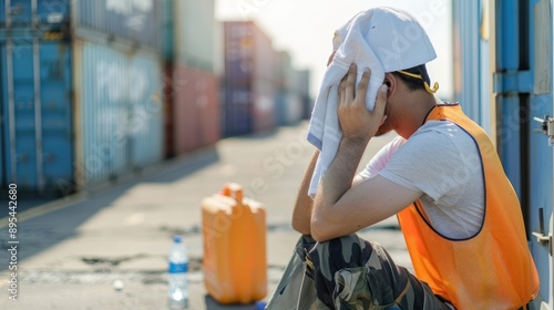 Concept of heat stroke , a worker holding a water bottle and feeling tired from work in containers warehouse storage, Generative AI