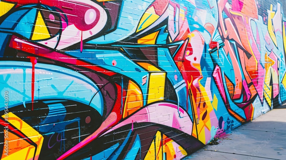 Fototapeta premium A brick wall is covered in vibrant, colorful graffiti art. The artwork features abstract shapes and patterns