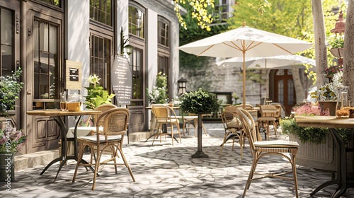 Fototapeta Naklejka Na Ścianę i Meble -  A European cafe patio with wicker tables and chairs set up on a cobblestone street in the sun