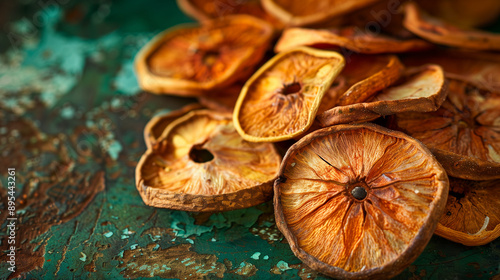 
A close-up of a pile of dried hawthorn slices against a green background, captured in high-definition detail with a realistic, commercial photography style.