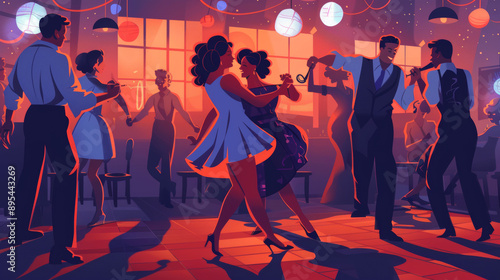 Illustrate a lively swing dance scene with couples dancing energetically to upbeat music, capturing the rhythm, movement, and excitement of the dance style. 