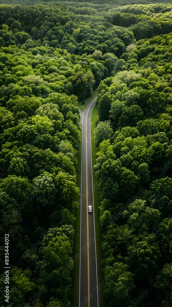 Lush Green Forest with Winding Road and Lone Car Aerial Drone View Lush Green Forest with Winding Road and Lone Car Aerial Drone View