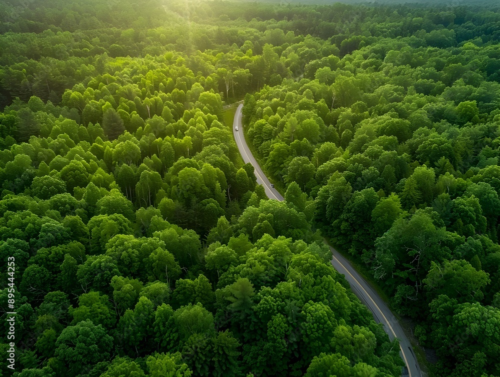 Aerial view of a lush green forest with a winding road tranquil scenic landscape Aerial view of a lush green forest with a winding road tranquil scenic landscape