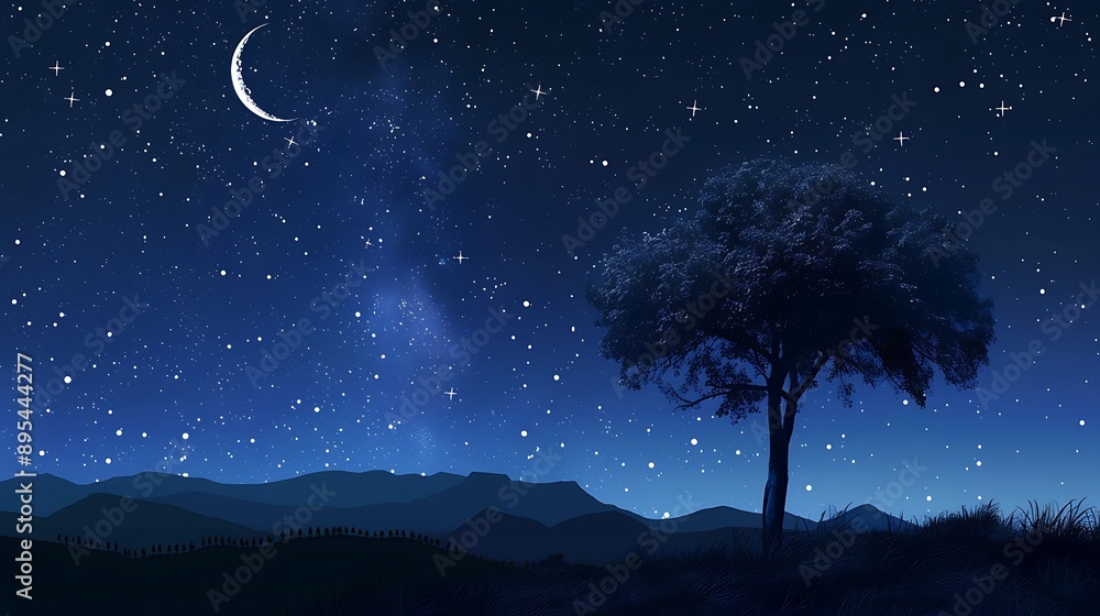 Celestial Spectacle: Meteor Showers under Crescent Moon, Clear Sky, Balanced Lighting, Twinkling Stars Celestial Spectacle: Meteor Showers under Crescent Moon, Clear Sky, Balanced Lighting, Twinkling Stars
