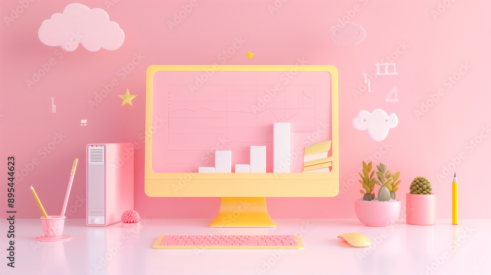 Pink Themed Workspace with Computer and Desk Accessories Pink Themed Workspace with Computer and Desk Accessories