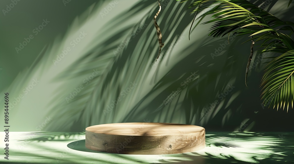 Wooden Podiums with Tropical Plant and Shadow Wooden Podiums with Tropical Plant and Shadow