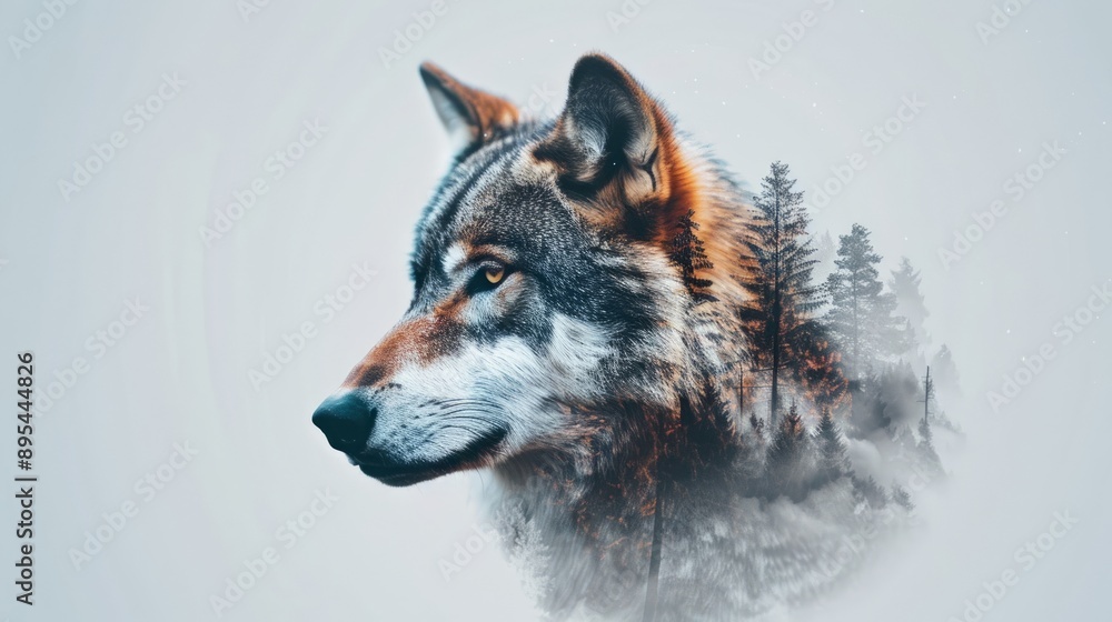 Wolf Portrait with Forest Double Exposure Wolf Portrait with Forest Double Exposure