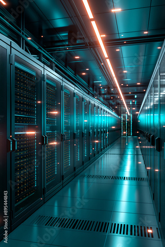Long corridor with server racks in data center