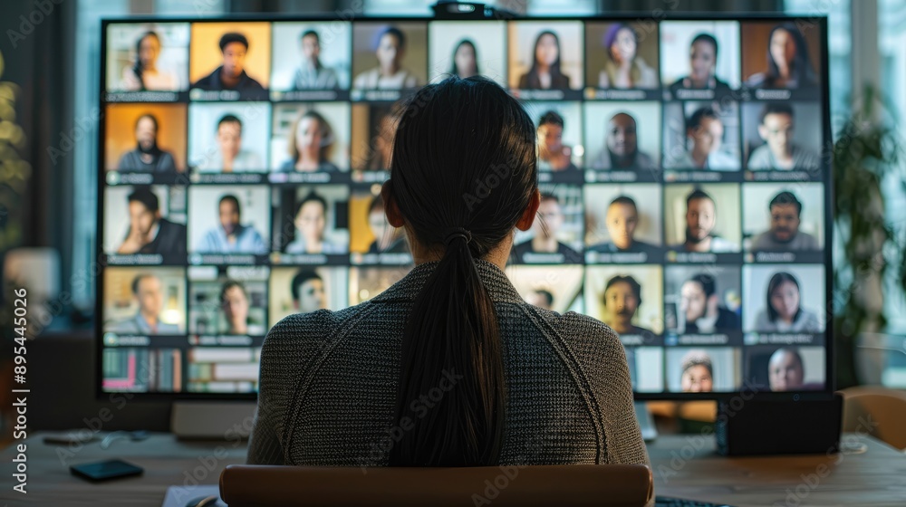 Woman attending a large virtual conference on her computer, with multiple participant screens visible, representing remote work and online communication. Woman attending a large virtual conference on her computer, with multiple participant screens visible, representing remote work and online communication.