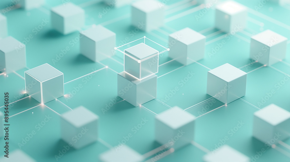 Abstract Digital Network with White Cubes and Connections
