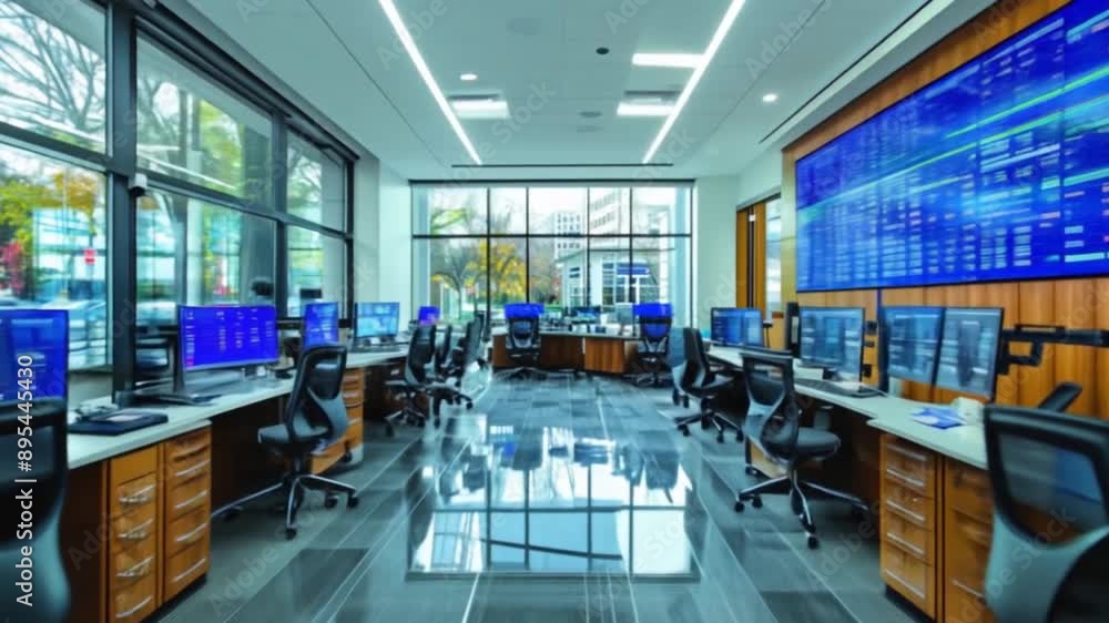 Modern Financial Office Interior with Professional Atmosphere and High-Tech Workstations Modern Financial Office Interior with Professional Atmosphere and High-Tech Workstations