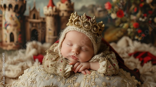 Newborn dressed as a tiny knight, sleeping in a medieval-themed prop with a castle backdrop. photo