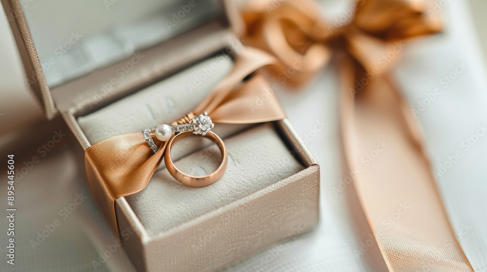 Close-up of wedding rings displayed in an open gift box on a white background. Ideal for romantic proposals and weddings. Close-up of wedding rings displayed in an open gift box on a white background. Ideal for romantic proposals and weddings.