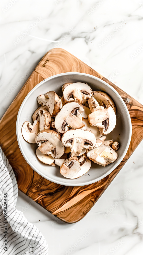 Mushroom slices filled in bowl placed on chopping board Mushroom slices filled in bowl placed on chopping board