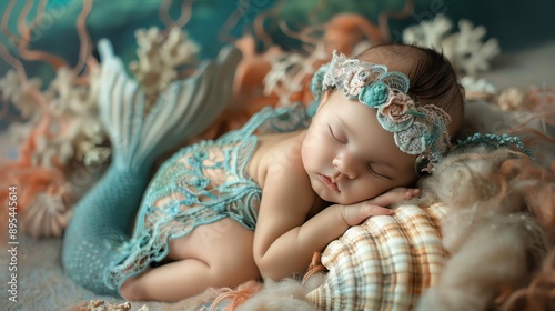 Newborn in a mermaid outfit, sleeping on a shell prop with an underwater-themed background.