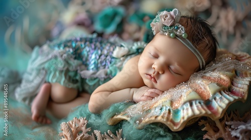 Newborn in a mermaid outfit, sleeping on a shell prop with an underwater-themed background.