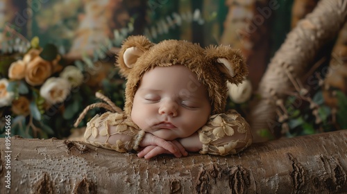 Newborn in a tiny bear costume, sleeping on a log with a forest-themed backdrop.
