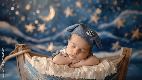 Newborn in a tiny sailor outfit, sleeping on a small boat with a nautical-themed backdrop.