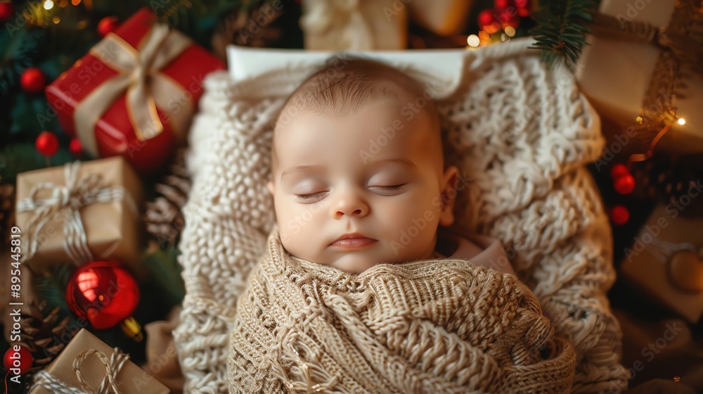 Newborn wrapped in a Christmas blanket, sleeping in a gift box with holiday decorations around. Newborn wrapped in a Christmas blanket, sleeping in a gift box with holiday decorations around.