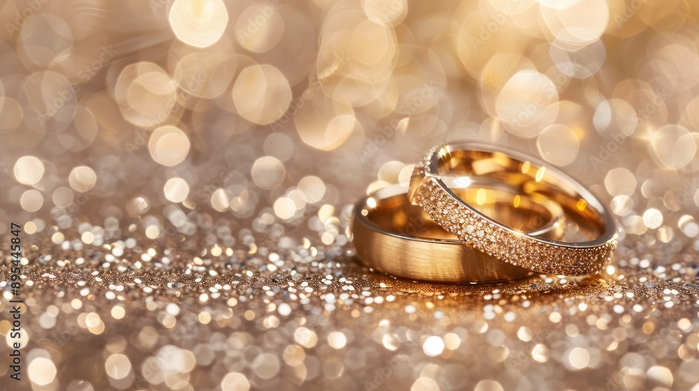 Designer wedding rings in the corner of a sparkling background. Ideal for an elegant, panoramic banner with ample space for copy. Designer wedding rings in the corner of a sparkling background. Ideal for an elegant, panoramic banner with ample space for copy.