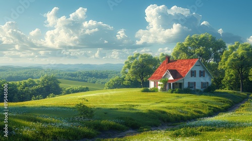 A tranquil countryside view featuring rolling green hills, a charming farmhouse, and a clear blue sky dotted with fluffy white clouds