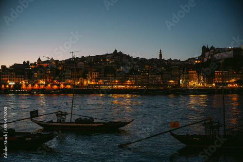 Porto, Portugal, Oporto on the Duoro River at night, sunset, light on the water front, bridge, Ponte Luiz, Eiffel bridge, tourism, travel, Europe tourist destination photo