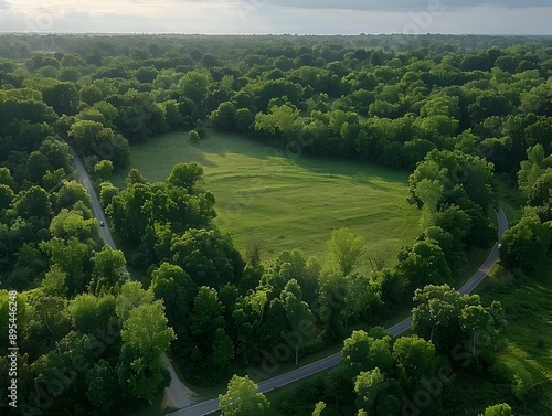 Lush Green Forest with Winding Road and Open Meadow Scenic Aerial Drone View