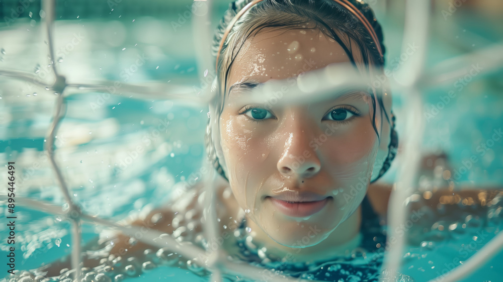 The Water's Edge: A Female Athlete's Determined Gaze Through The Goal Net The Water's Edge: A Female Athlete's Determined Gaze Through The Goal Net