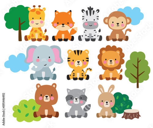 Cute wild baby forest animals vector illustration set including a lion, tiger, giraffe, fox, zebra, monkey, elephant, bear, raccoon, and rabbit.