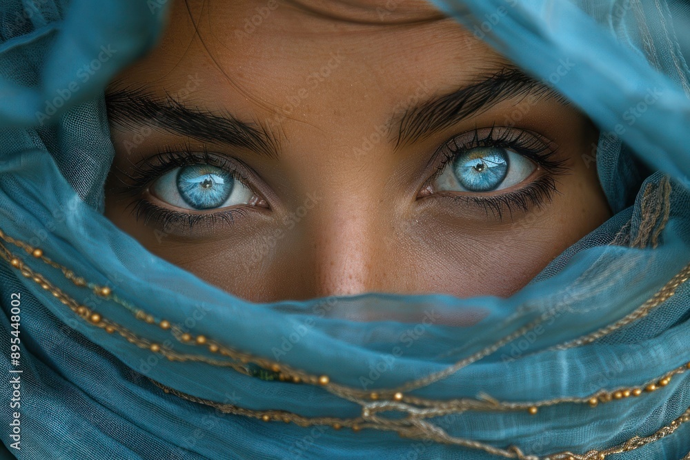 Captivating Woman in Vibrant Blue Scarf Showcases Beauty and Tradition Captivating Woman in Vibrant Blue Scarf Showcases Beauty and Tradition