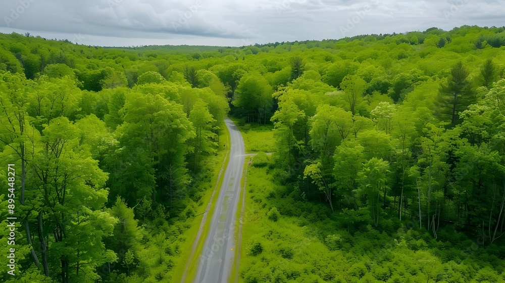 Lush Green Forest with Winding Road Aerial Landscape View Lush Green Forest with Winding Road Aerial Landscape View
