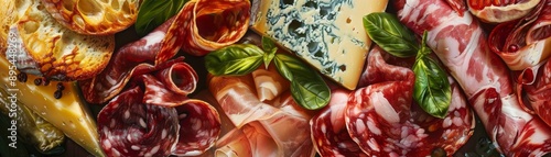 Vibrant Realistic Painting of Gourmet Deli Meats and Cheeses with Fresh Herbs in Close-Up View
