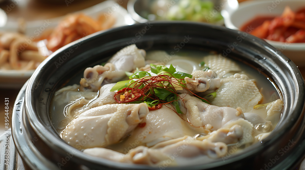 Korean chicken soup, samgyetang, stew made by twisting raw chicken legs and boiling them with ginseng and jujube. Generative AI illustration Korean chicken soup, samgyetang, stew made by twisting raw chicken legs and boiling them with ginseng and jujube. Generative AI illustration