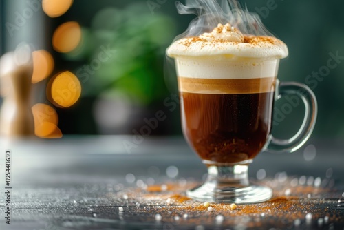 Steamy cappuccino in a glass mug with frothy cream on top, set against a blurred background with warm bokeh lights.