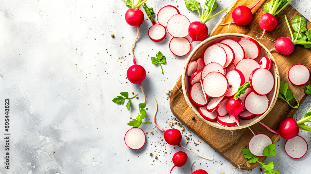 Radish slices filled in bowl placed on chopping board, fresh radishes outside, top angle Radish slices filled in bowl placed on chopping board, fresh radishes outside, top angle