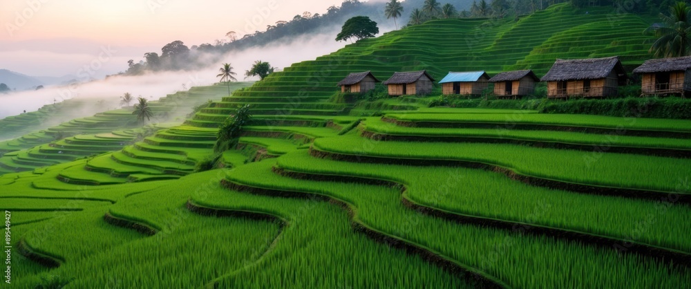 Stunning rice terrace landscape showcasing vibrant green fields at sunrise, perfect for nature lovers and eco tourism Stunning rice terrace landscape showcasing vibrant green fields at sunrise, perfect for nature lovers and eco tourism