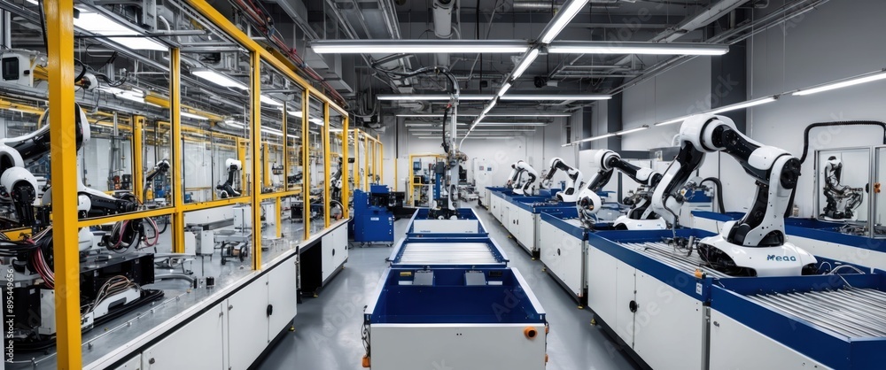 A high tech factory showcasing robotic arms in an advanced manufacturing setup, highlighting automation and modern industry innovations A high tech factory showcasing robotic arms in an advanced manufacturing setup, highlighting automation and modern industry innovations