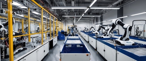 A high tech factory showcasing robotic arms in an advanced manufacturing setup, highlighting automation and modern industry innovations