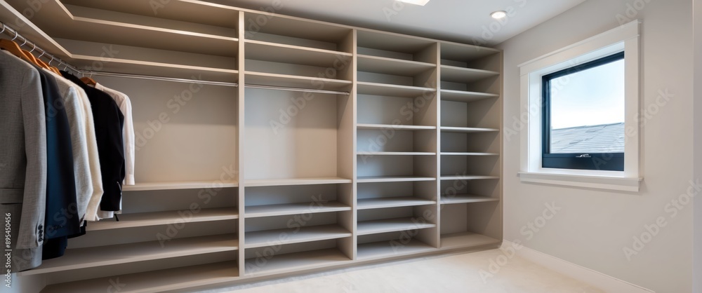 Fototapeta premium A spacious, modern closet showcasing minimalist shelving, ideal for organizing clothing and enhancing home aesthetics