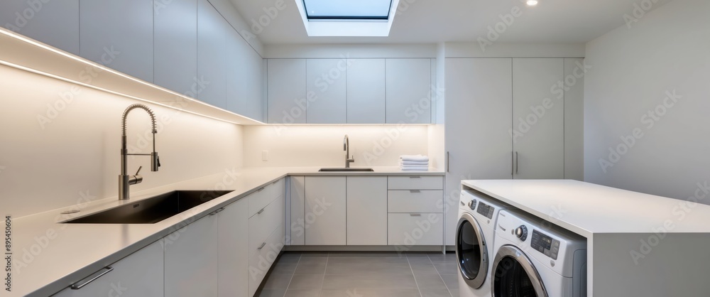 A sleek, modern laundry room featuring white cabinetry and appliances, enhancing functionality and style in home design A sleek, modern laundry room featuring white cabinetry and appliances, enhancing functionality and style in home design