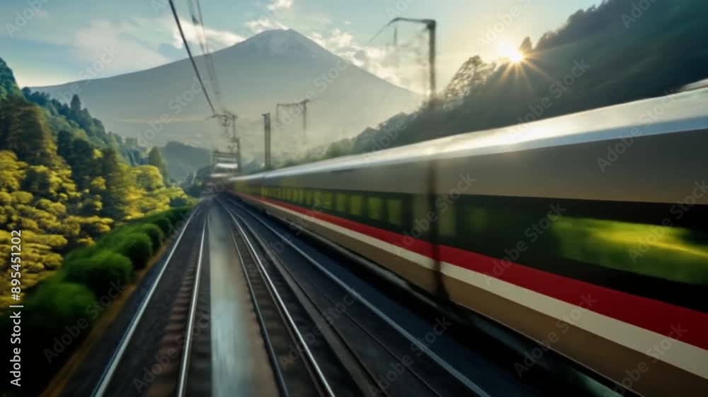 High-Speed Train Racing on Railway Track with Scenic Greenery and Mountain Backdrop High-Speed Train Racing on Railway Track with Scenic Greenery and Mountain Backdrop