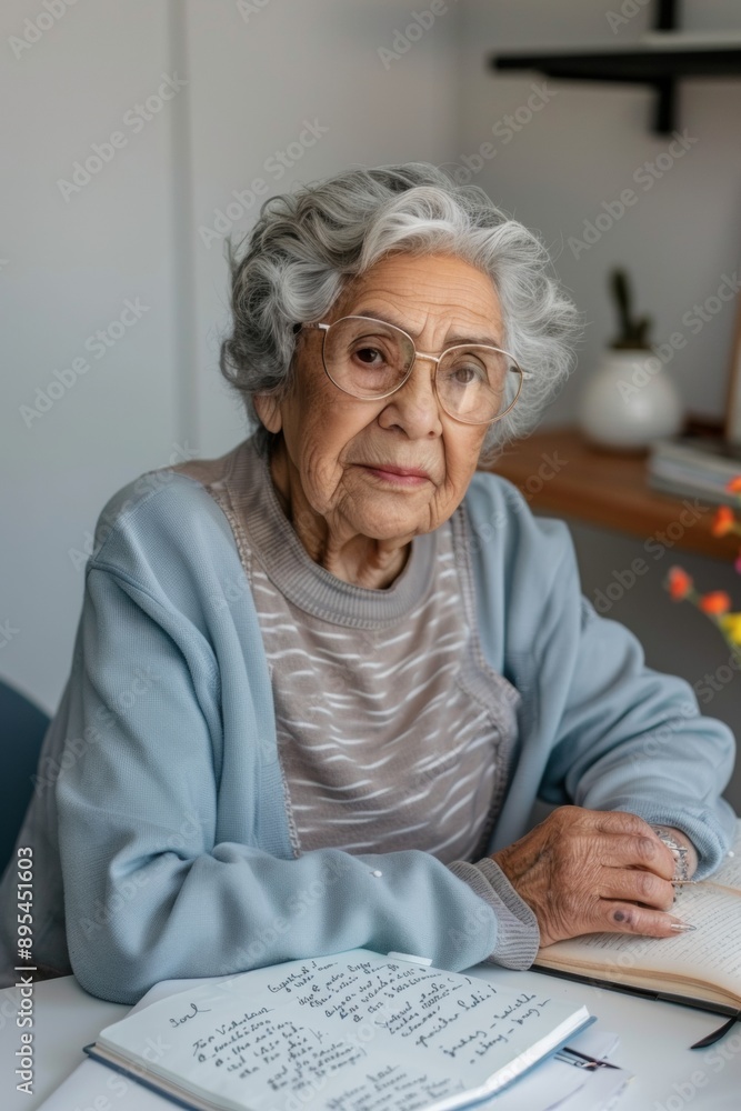 Elderly Hispanic Woman Reflecting on Life Experiences While Journaling at Desk for National Gorgeous Grandma Day - Thoughtful Expression, Daytime, Cozy Attire Elderly Hispanic Woman Reflecting on Life Experiences While Journaling at Desk for National Gorgeous Grandma Day - Thoughtful Expression, Daytime, Cozy Attire